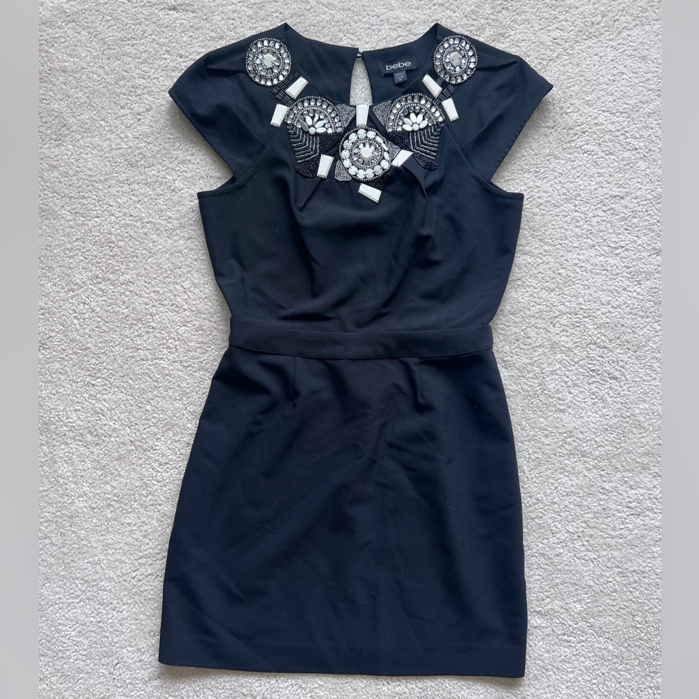 Bebe Black Mini Dress with Embellished Neckline